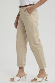 Pantalón Mujer Sastrero Cinturón Pu Beige Claro