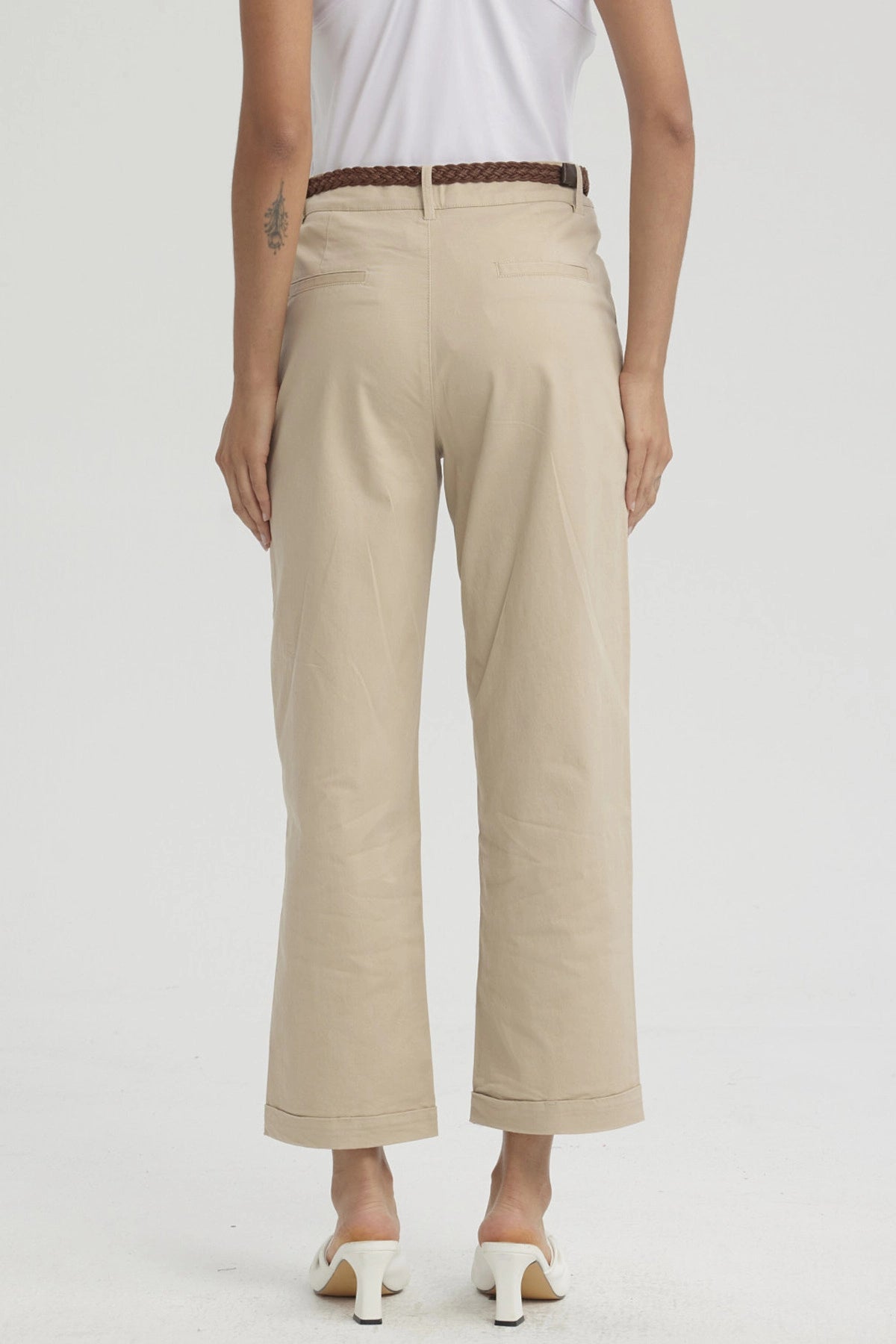 Pantalón Mujer Sastrero Cinturón Pu Beige Claro