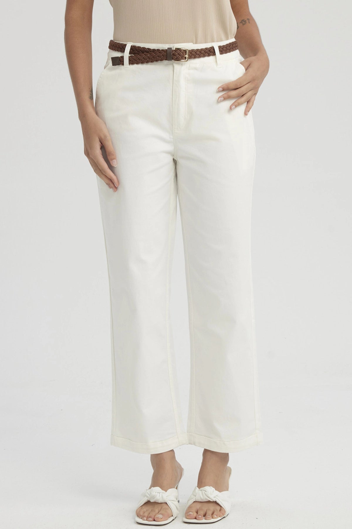 Pantalón Mujer Sastrero Cinturón Pu Crema