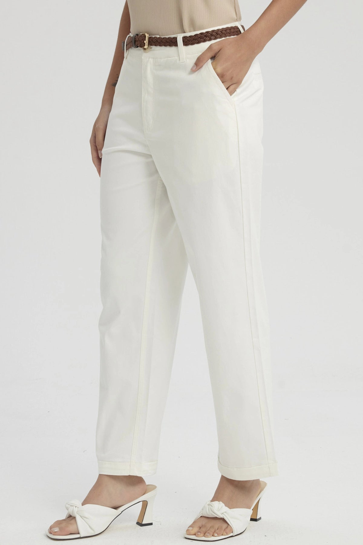 Pantalón Mujer Sastrero Cinturón Pu Crema