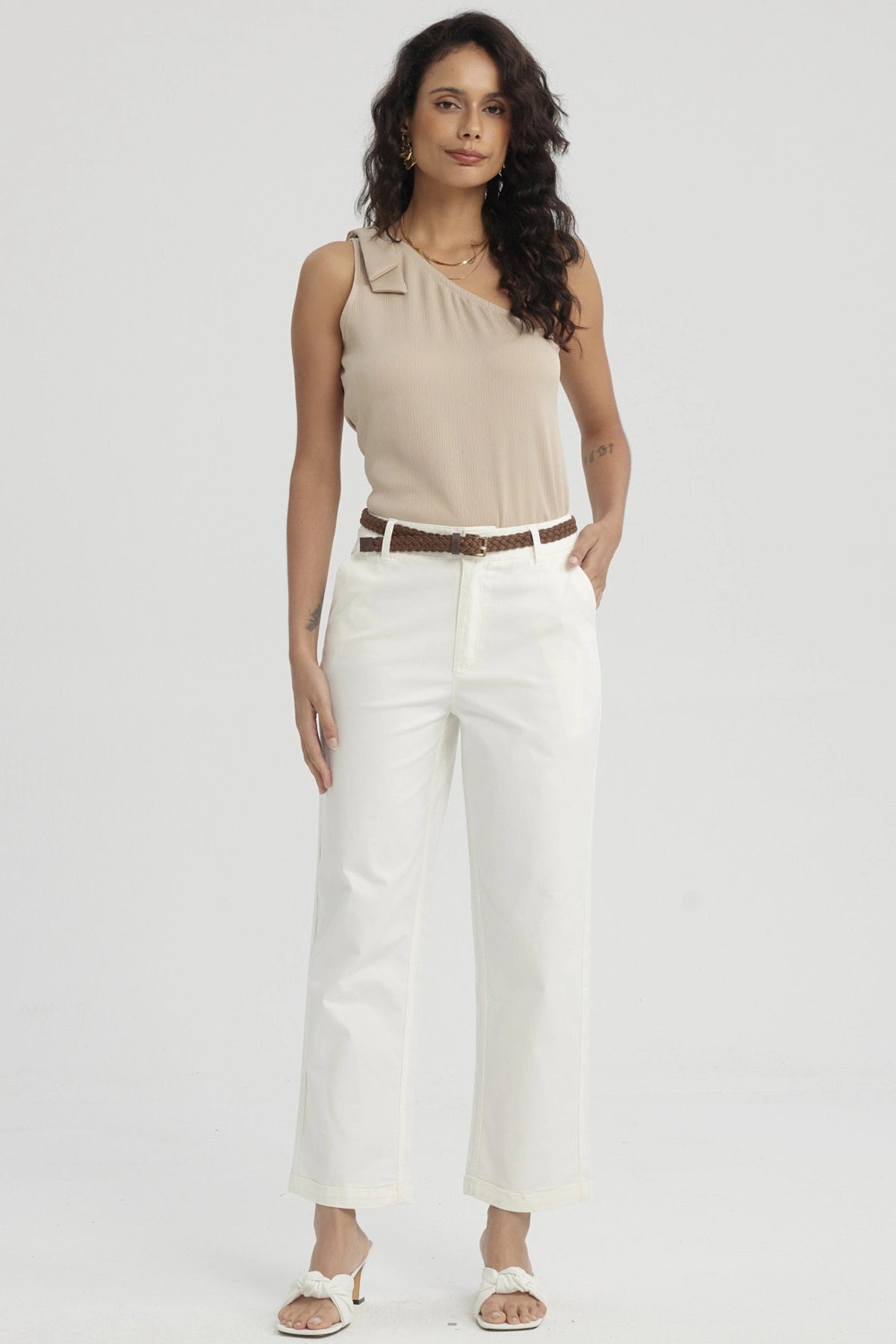 Pantalón Mujer Sastrero Cinturón Pu Crema
