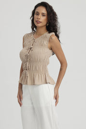 Blusa Mujer Lazos Delanteros Beige Claro