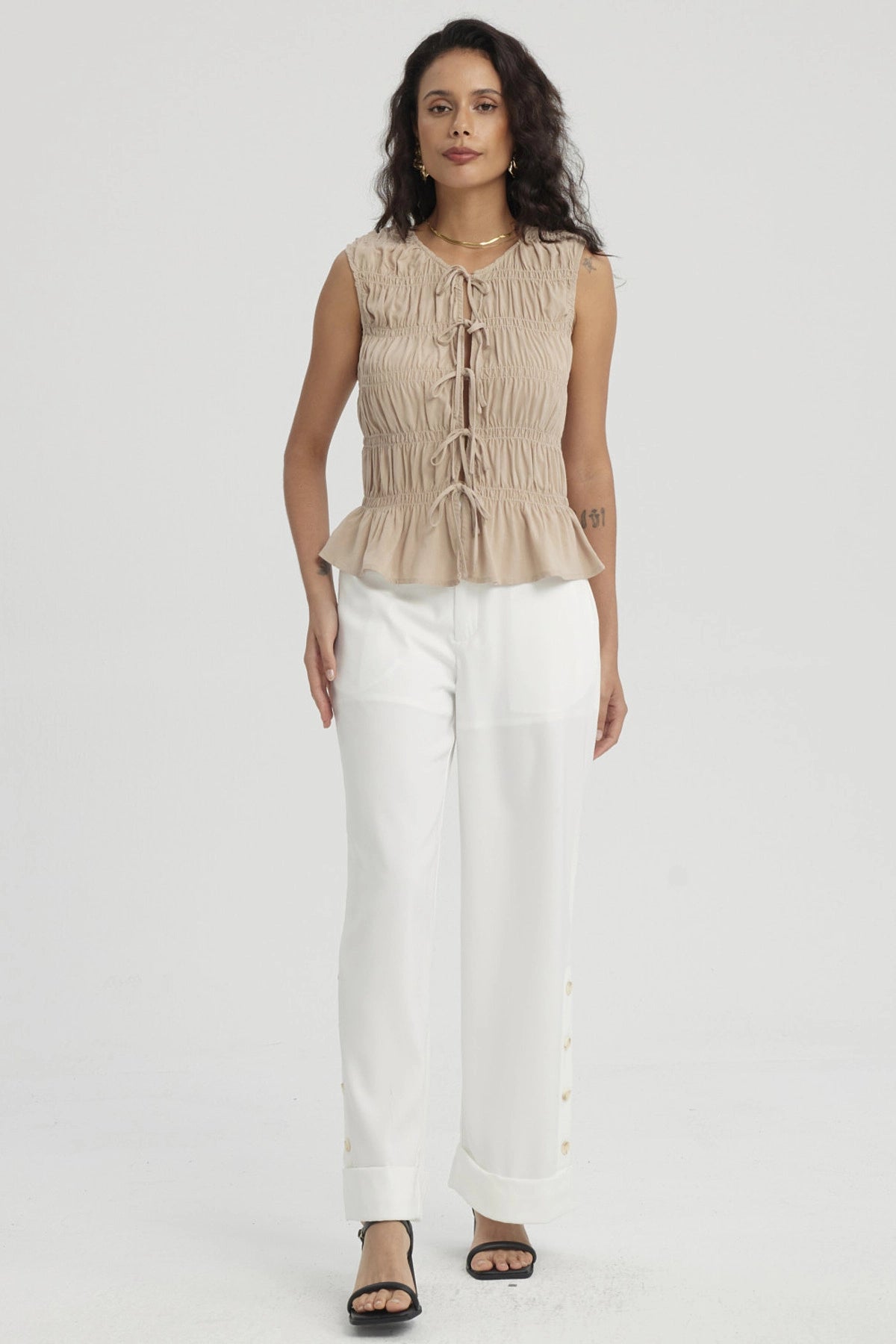 Blusa Mujer Lazos Delanteros Beige Claro