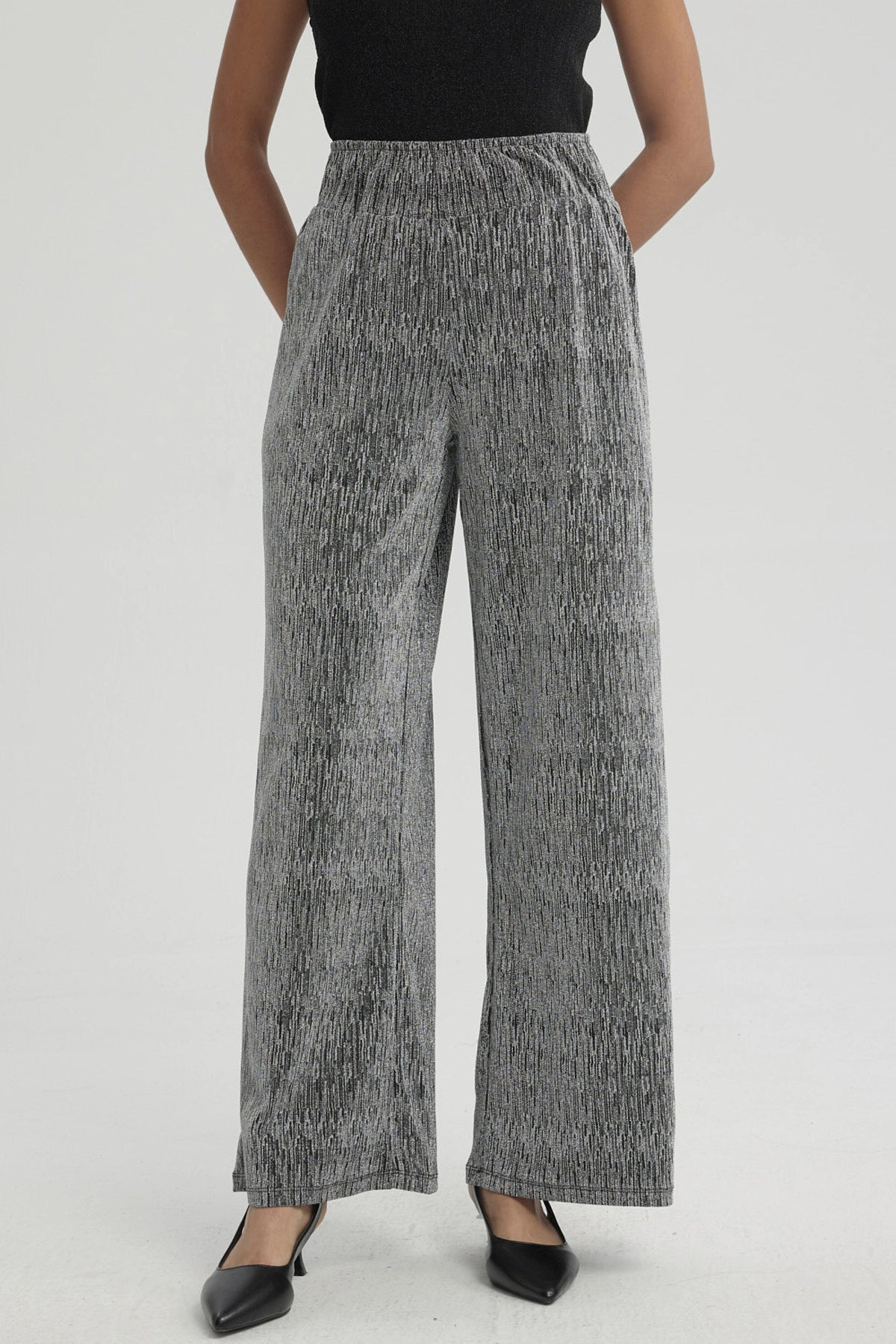 Pantalón Mujer Palazzo Pretina Ancha Plateado