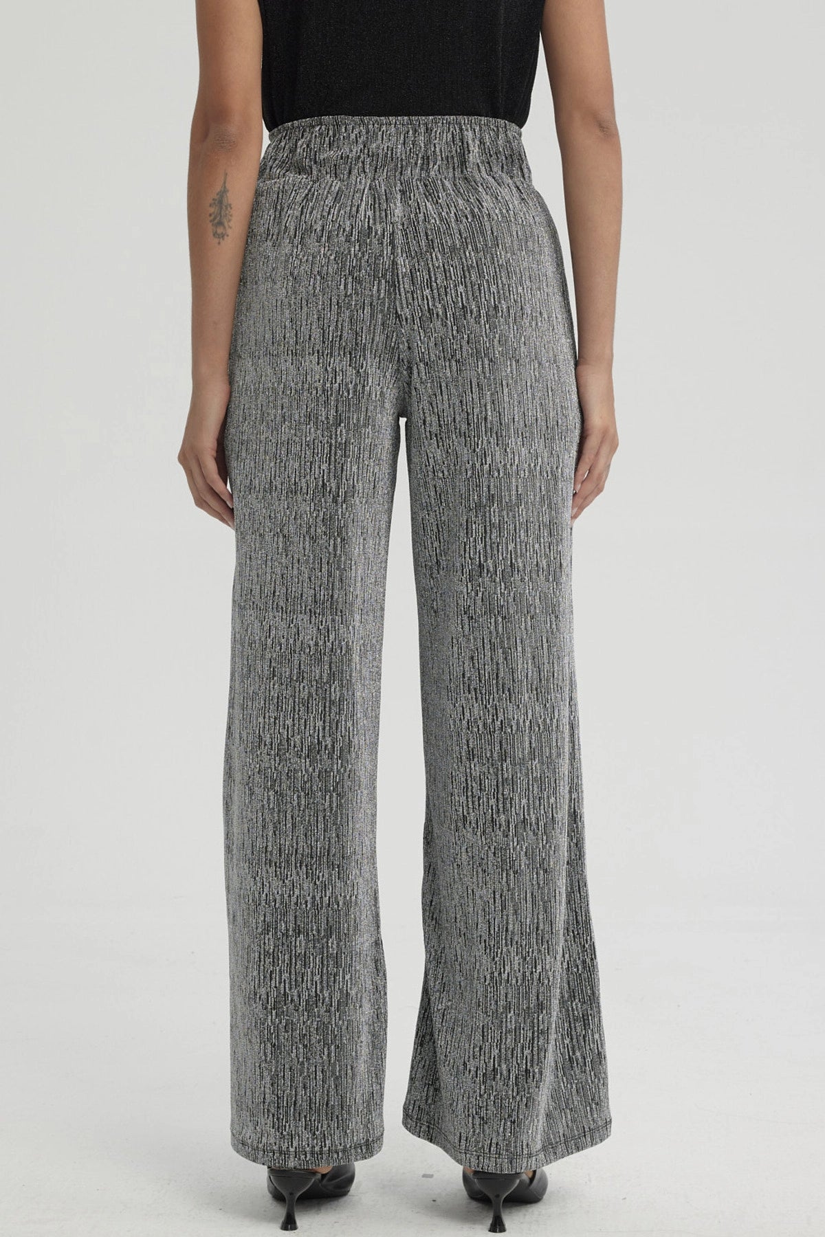 Pantalón Mujer Palazzo Pretina Ancha Plateado