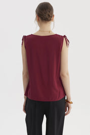 Blusa sin mangas vino con lazo en hombros estilo liso ajuste suelto y escote en V