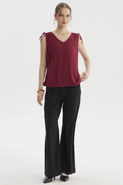 Blusa sin mangas vino con lazo en hombros estilo liso ajuste suelto y escote en V