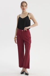 Pantalón sastrero mujer color vino con dobladillo en la basta diseño liso botón frontal crema sin estampado visible