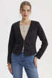 Blazer negro mujer sin solapa liso ajustado con bolsillos frontales diseño elegante y minimalista