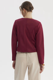 Blazer mujer liso color vino sin solapa con diseño minimalista ajuste entallado ideal para ocasiones formales