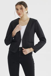 Blazer negro liso sin solapa para mujer con ajuste entallado y dos bolsillos frontales pequeños