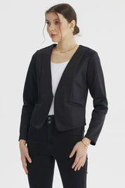 Blazer negro liso sin solapa para mujer con ajuste entallado y dos bolsillos frontales pequeños