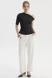 Polera asimétrica negra mujer con diseño liso sin estampa ideal para un look elegante y moderno