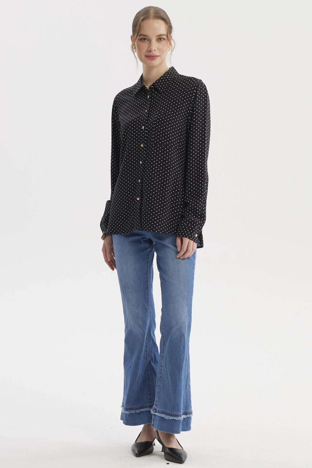 Blusa Mujer Abotonada Lisa Negro / Blanco