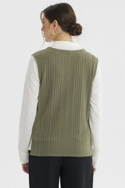 Sweater mujer verde olivo sin mangas de tejido canalé con escote en V prenda lisa