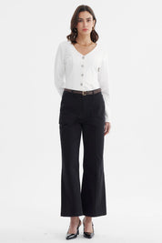 Pantalón de gabardina negro para mujer con cinturón marrón tejido liso de pierna recta sin estampa visible