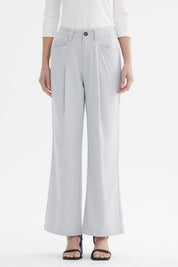 Pantalón sastrero gris mujer con pretina y botón estilo clásico sin estampa liso elegante y moderno