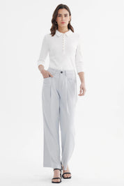 Pantalón sastrero gris mujer con pretina y botón estilo clásico sin estampa liso elegante y moderno
