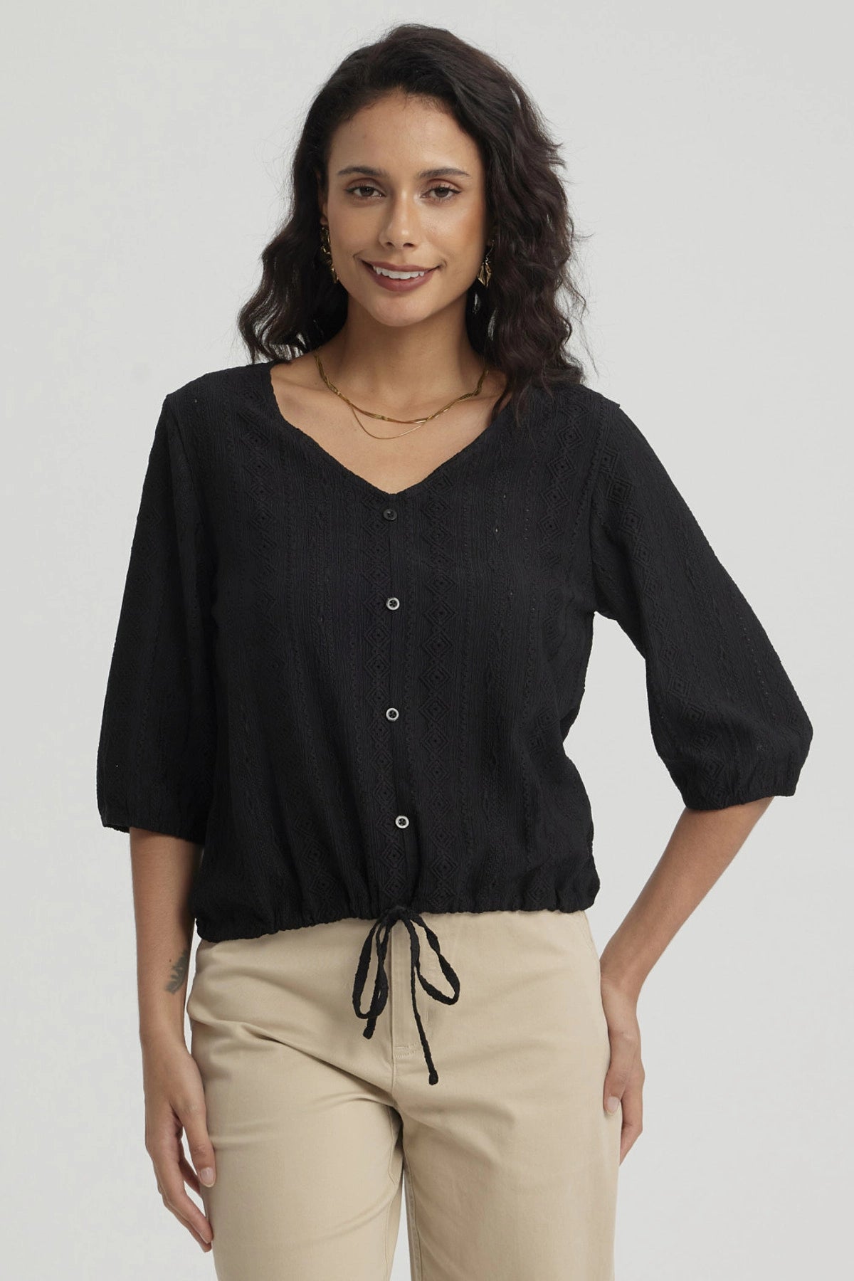 Polera Mujer Botones Decorativos Negro