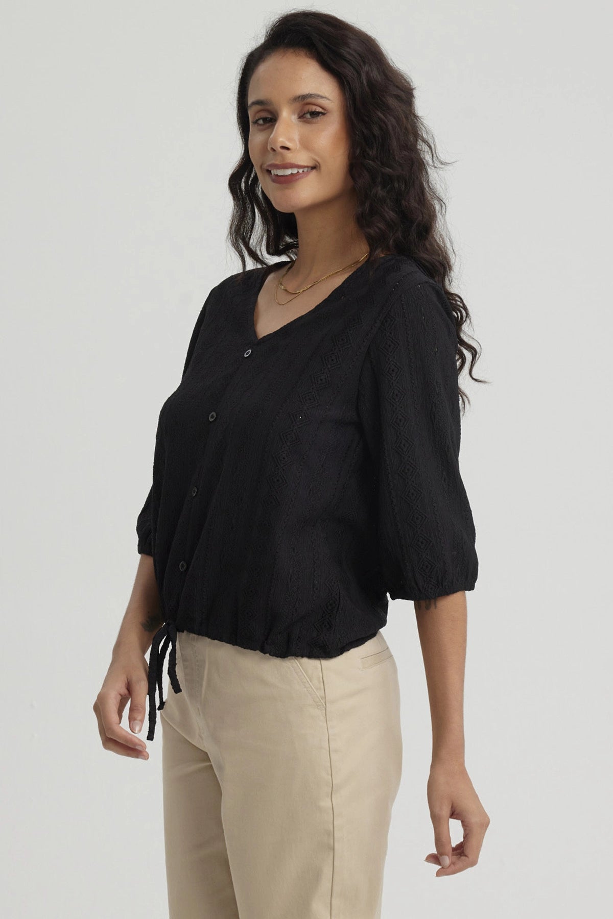 Polera Mujer Botones Decorativos Negro