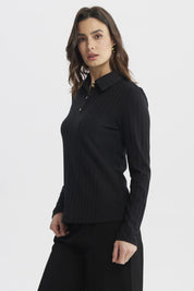 Polera Mujer Cuello Camisero Negro