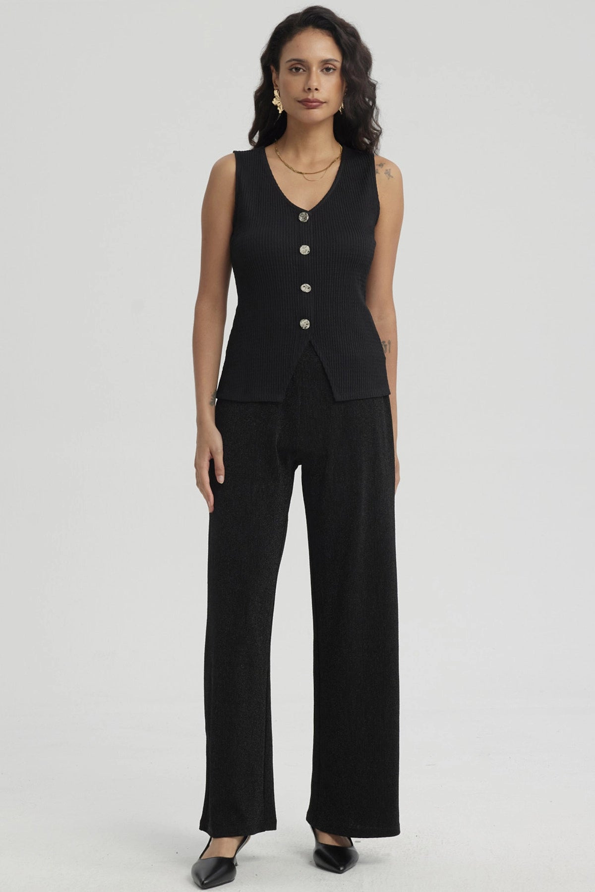 Polera Mujer Texturizada 3 Botones Negro