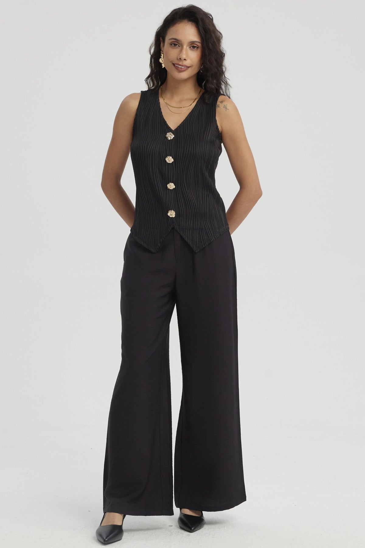 Polera Mujer Textura Aplicación Negro