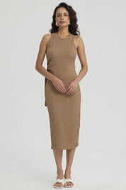 Vestido Mujer Corto Recogido Beige