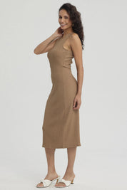 Vestido Mujer Corto Recogido Beige