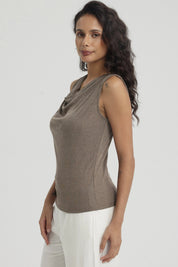 Polera Mujer Cuello Drapeado Café