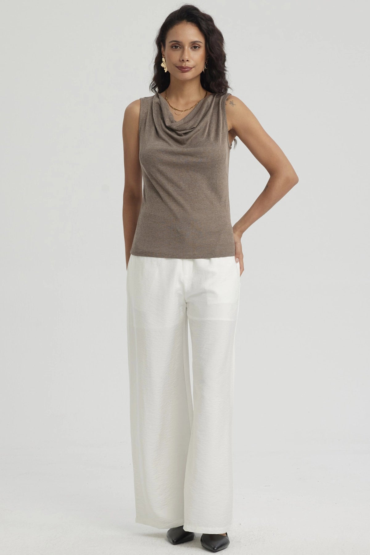 Polera Mujer Cuello Drapeado Café