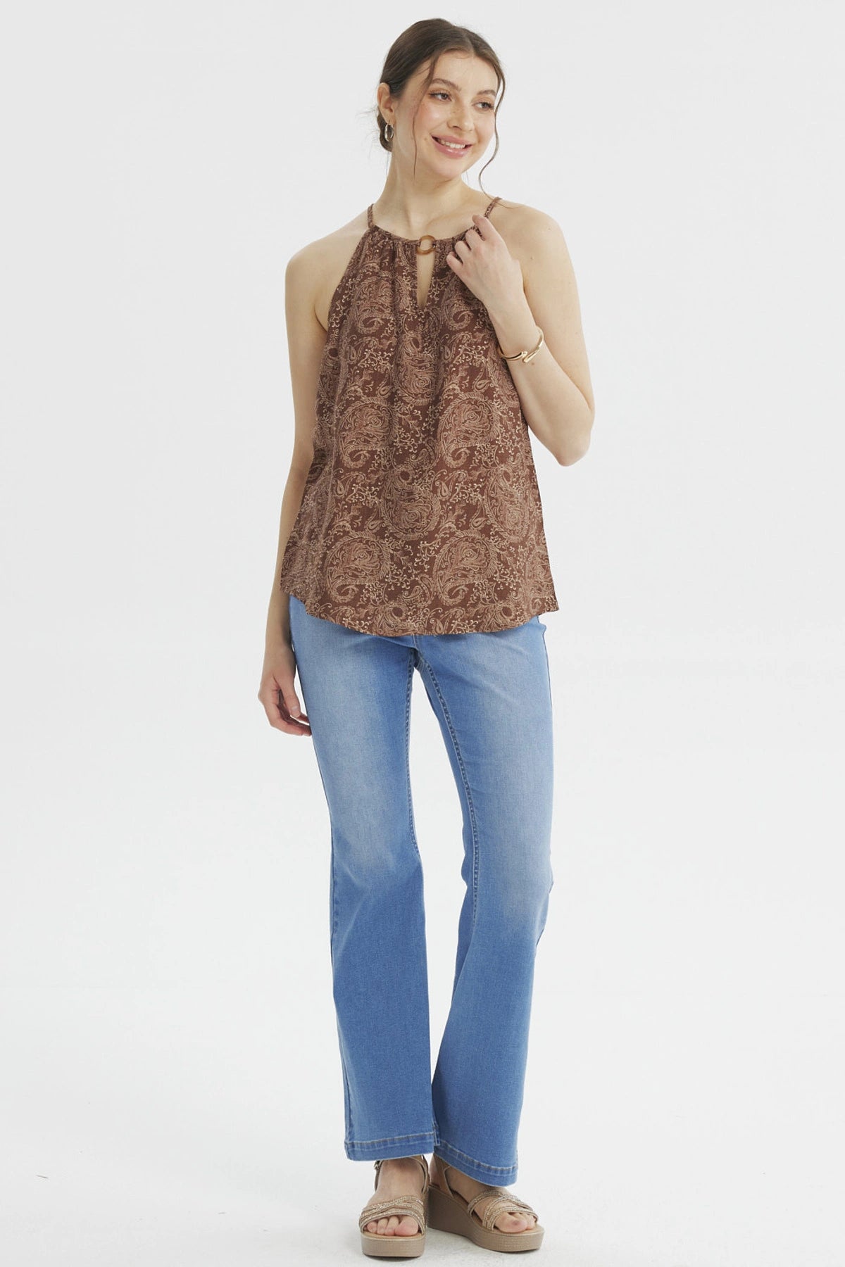 Blusa Mujer Halter Estampada Café Claro