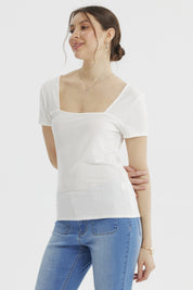 Polera ajustada crudo para mujer lisa de mangas cortas y escote cuadrado con textura ligera visible