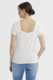 Polera ajustada crudo para mujer lisa de mangas cortas y escote cuadrado con textura ligera visible