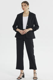 Blazer negro para mujer con cuello camisero prenda lisa de poliéster estilo elegante y atemporal