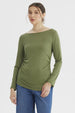 Polera mujer verde olivo ajustada lisa sin estampa con mangas largas y cuello redondo