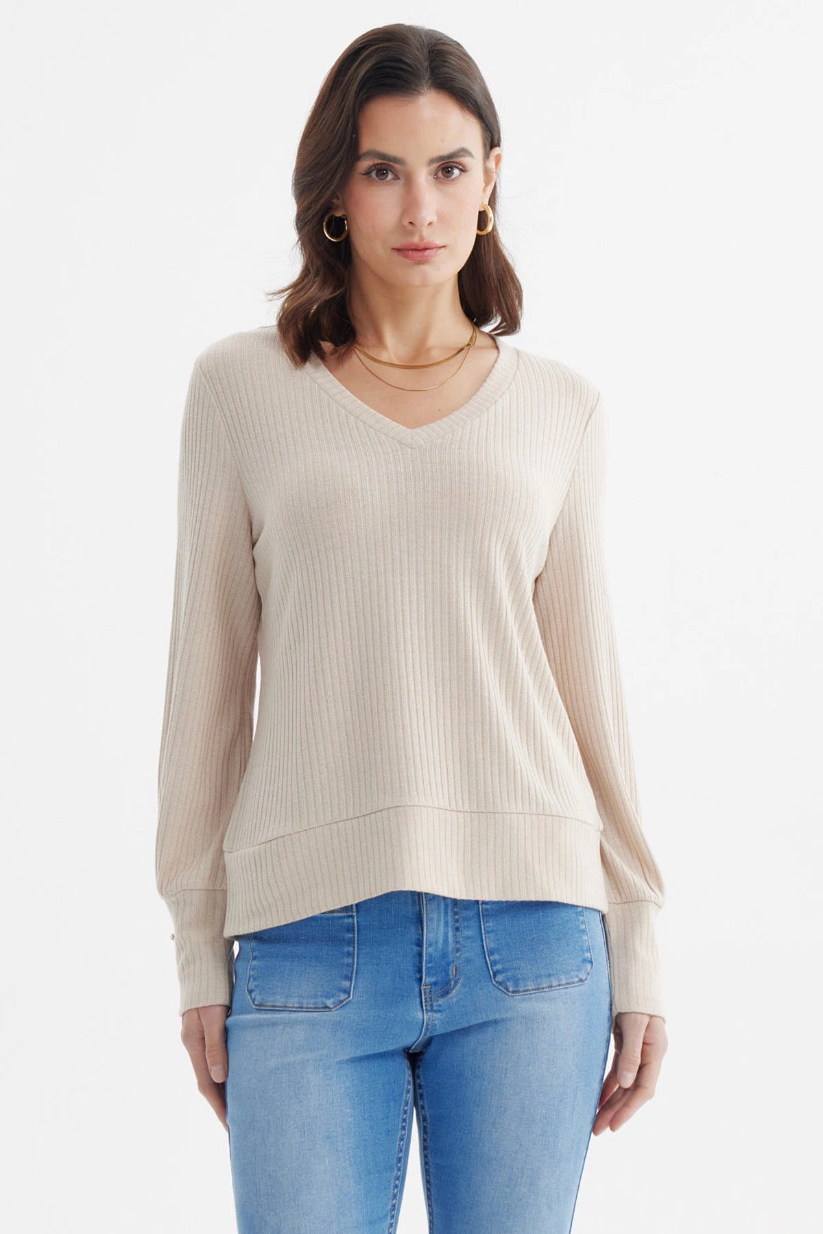 Sweater ajustado beige de mujer con textura acanalada sin estampa lisa elegante para cualquier ocasión