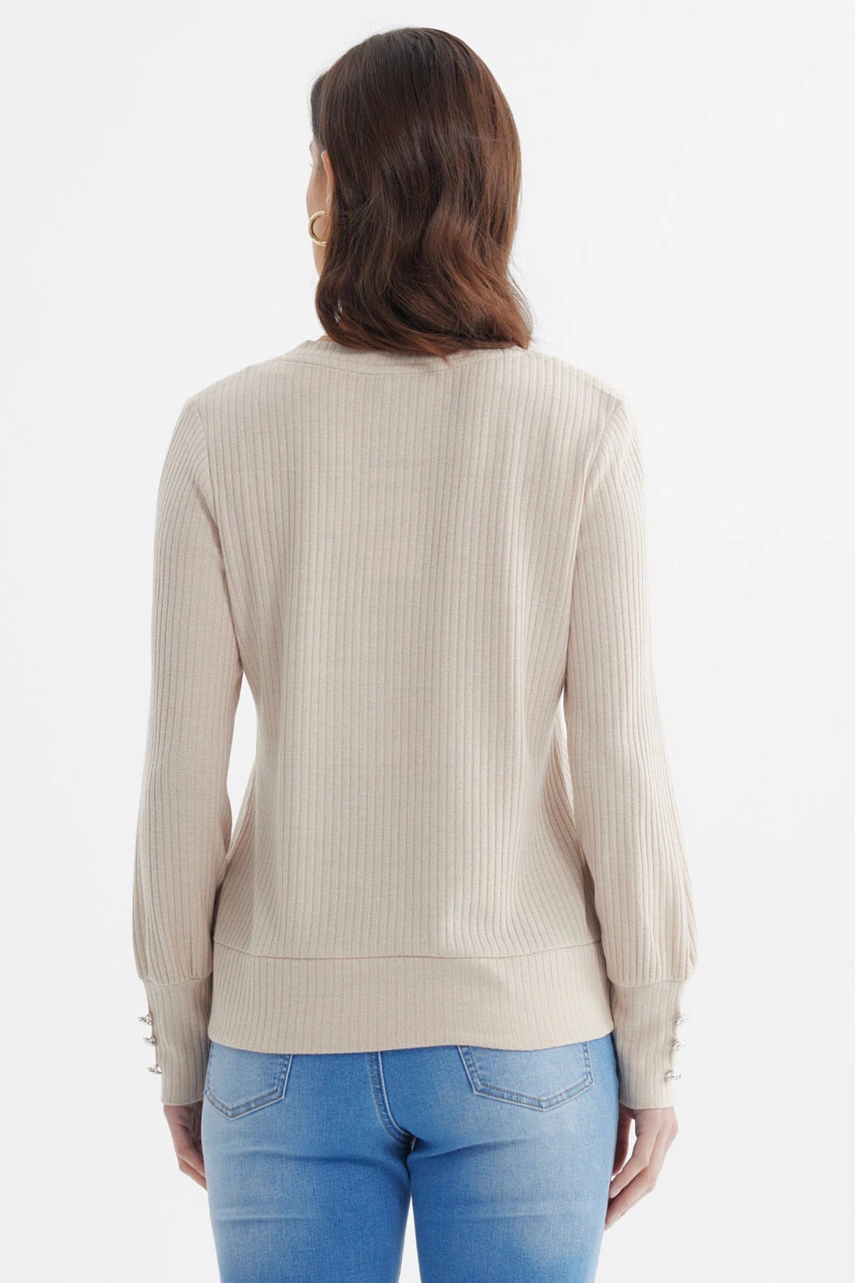 Sweater ajustado beige de mujer con textura acanalada sin estampa lisa elegante para cualquier ocasión