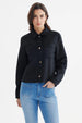 Chaqueta negra de mujer con cuello camisero y botones dorados lisa elegante y moderna