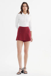 Falda Mujer Short Aplicación Botones Delanteros Burdeo