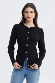 Sweater negro mujer con botones dorados al frente diseño sencillo elegante ideal para cualquier ocasión lisa