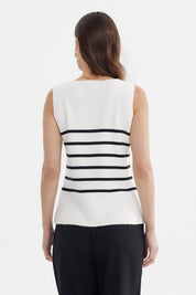 Sweater mujer crudo sin mangas con rayas negras horizontales botones decorativos al frente estilo casual elegante