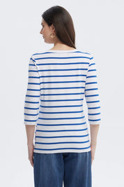 Polera mujer azul con rayas horizontales blancas manga tres cuartos ajustada sin estampa lisa casual