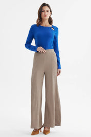 Pantalón mujer wide leg beige sin estampa textura acanalada ideal para un look relajado y sofisticado