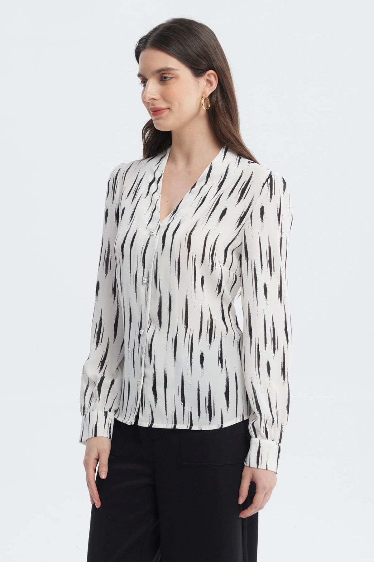 Blusa Mujer Botones Perla Negro/Crudo