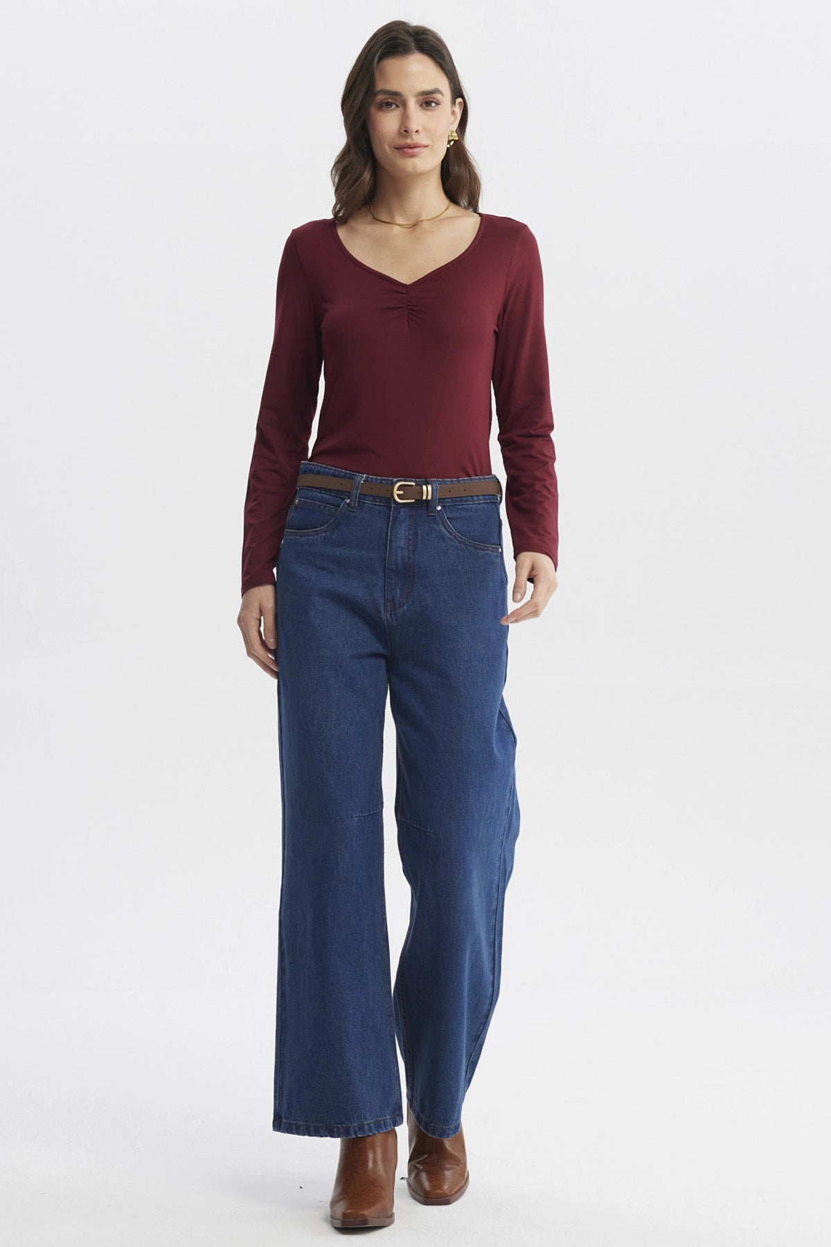 Polera Mujer Ajustado Cuello V Burdeo