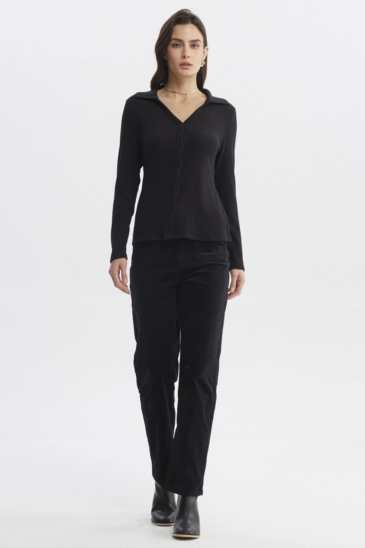 Sweater Mujer Cuello Camisero Negro