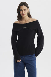 Sweater Mujer Ajustado Hombro Descubierto Negro