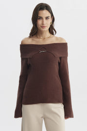 Sweater Mujer Ajustado Hombro Descubierto Café Claro