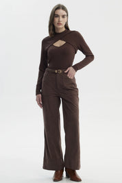 Pantalón Mujer Wide Leg Cotelé Café Claro